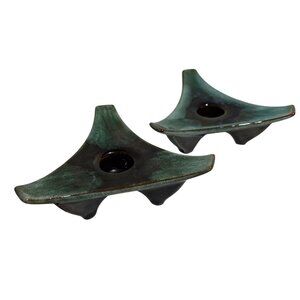 Blue Mountain Pottery Candle Holders Taper MCM Triangle Shape Footed Set Of 2